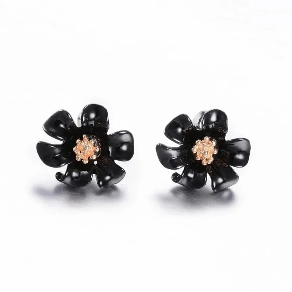 Elegant Retro Black Enamel with Gold Stamen Tropical Flower Stud Earrings